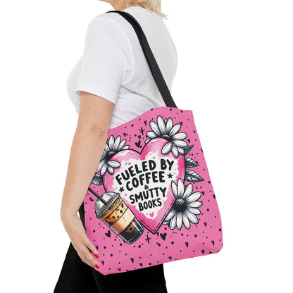 Fueled by Coffee & Smutty Books Tote Bag | Pink Bookish Tote with Daisies + Iced Coffee