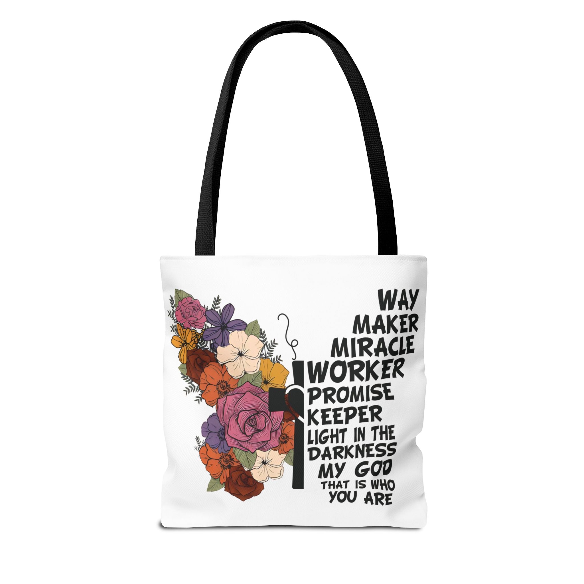 Way Maker Miracle Worker Christian Tote Bag | Floral Cross Bible Verse Tote