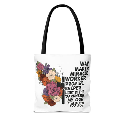Way Maker Miracle Worker Christian Tote Bag | Floral Cross Bible Verse Tote
