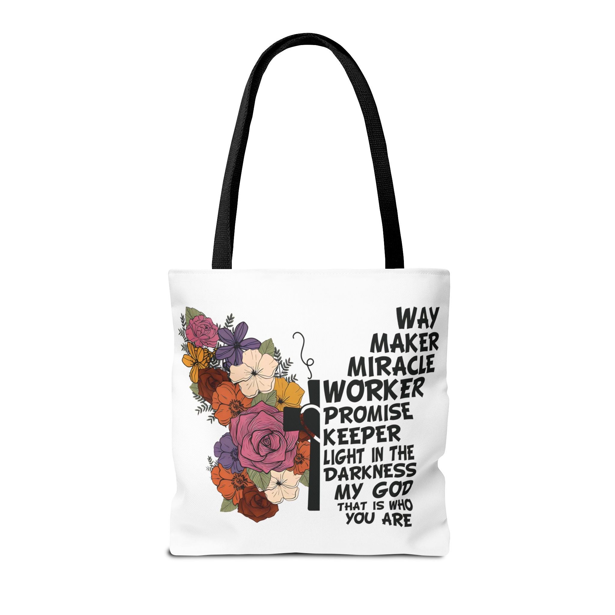 Way Maker Miracle Worker Christian Tote Bag | Floral Cross Bible Verse Tote