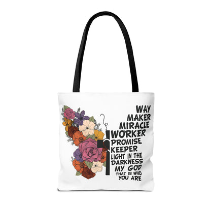 Way Maker Miracle Worker Christian Tote Bag | Floral Cross Bible Verse Tote