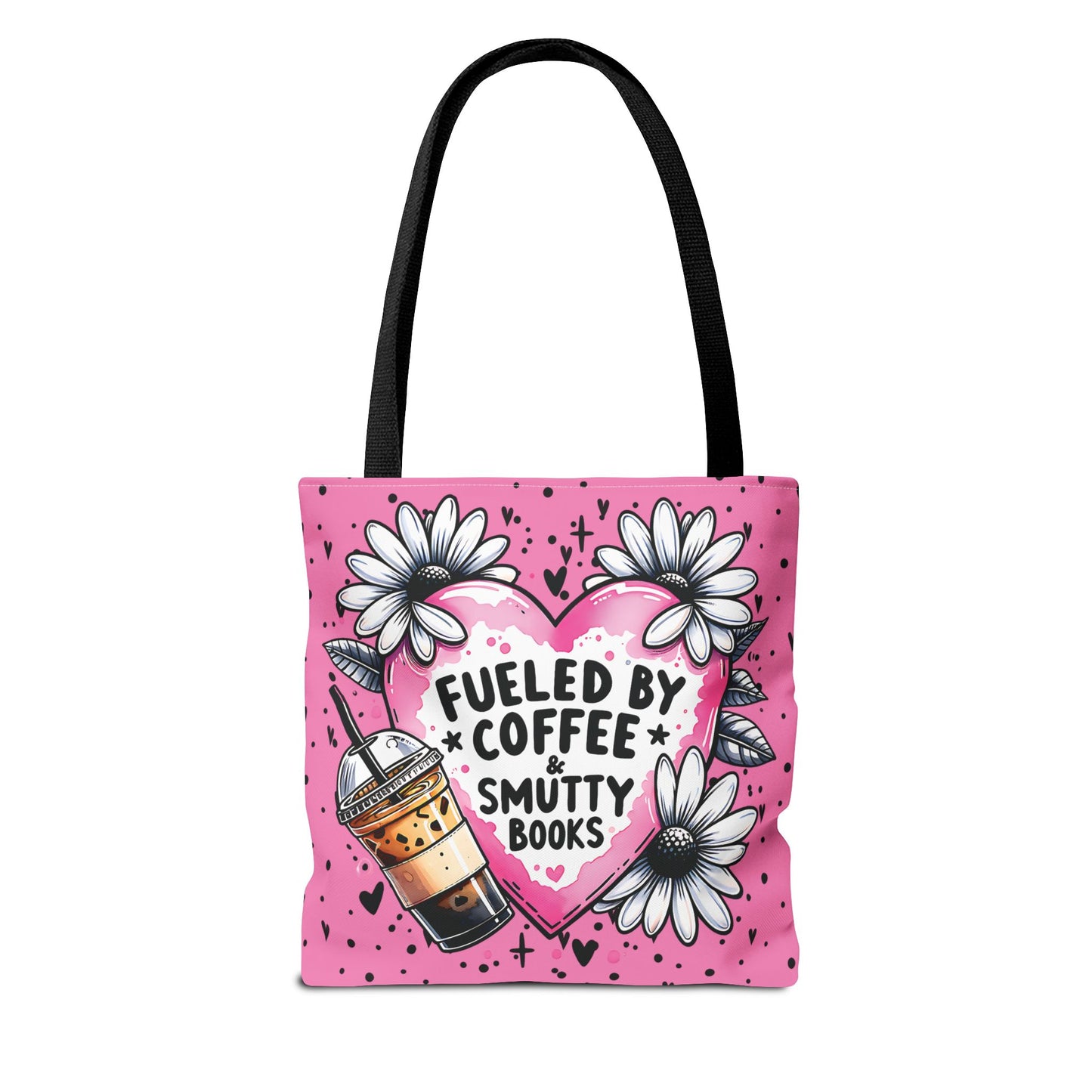 Fueled by Coffee & Smutty Books Tote Bag | Pink Bookish Tote with Daisies + Iced Coffee
