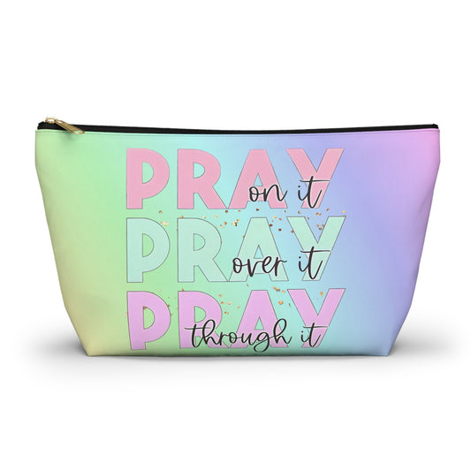 Pastel "Pray On It, Over It, Through It" Cosmetic Bag | Inspirational Zipper Pouch for Faith Filled Organization