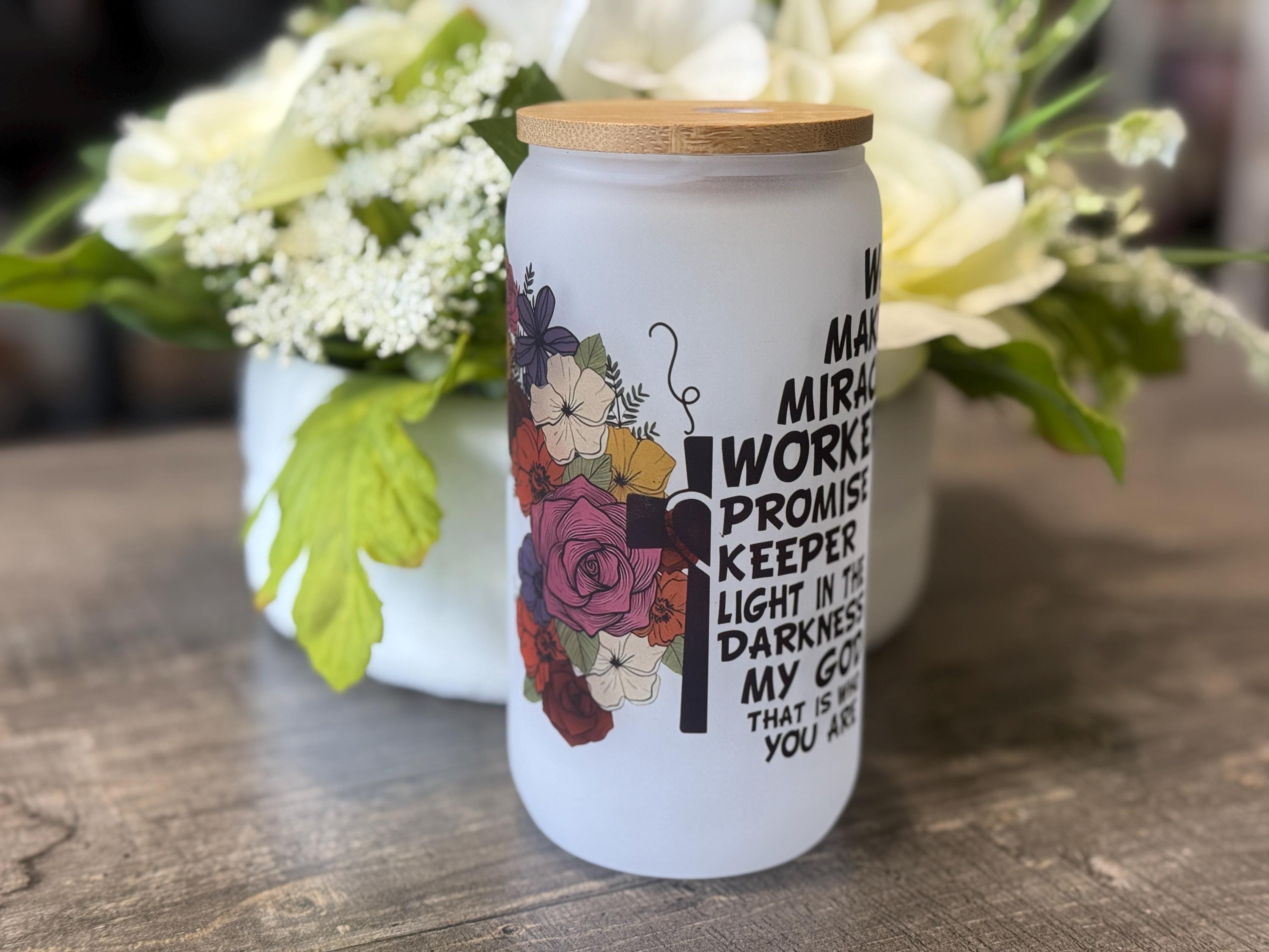 Way Maker Miracle Worker Tumbler | 16oz Frosted Glass with Bamboo Lid & Straw | Christian Gift