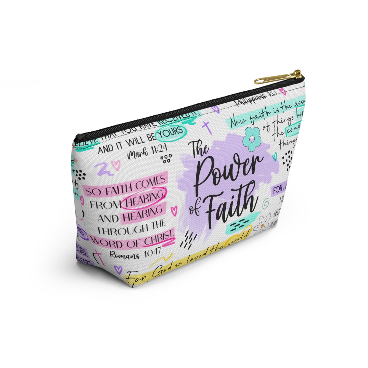 Power of Faith Bible Verse Cosmetic Bag | Pastel Christian Zipper Pouch with Scripture & Butterflies