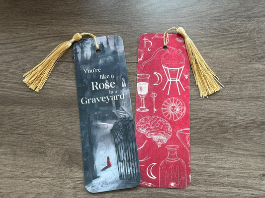 Rose in a Graveyard Gothic Bookmark | Dark Academia Alchemy Inspired Bookish Gift with Gold Tassel