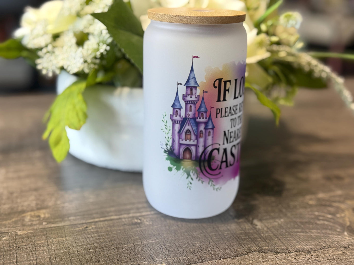 If Lost Return to Castle | 16oz Frosted Glass Tumbler with Bamboo Lid & Straw | Fairytale Princess Cup