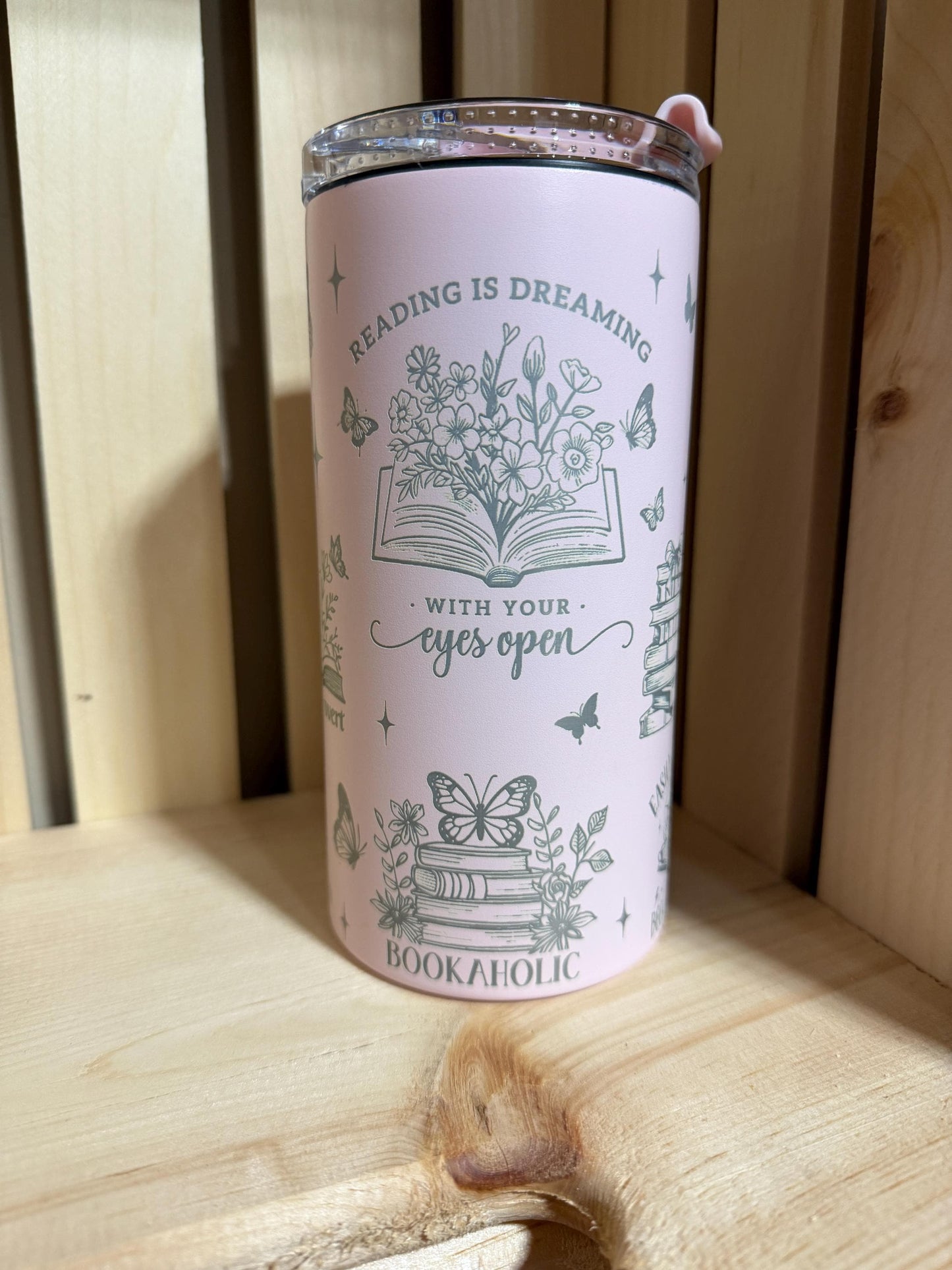 Bookish 4-in-1 Can Cooler Tumbler | Pink Reader Drinkware, Book Lover Gift