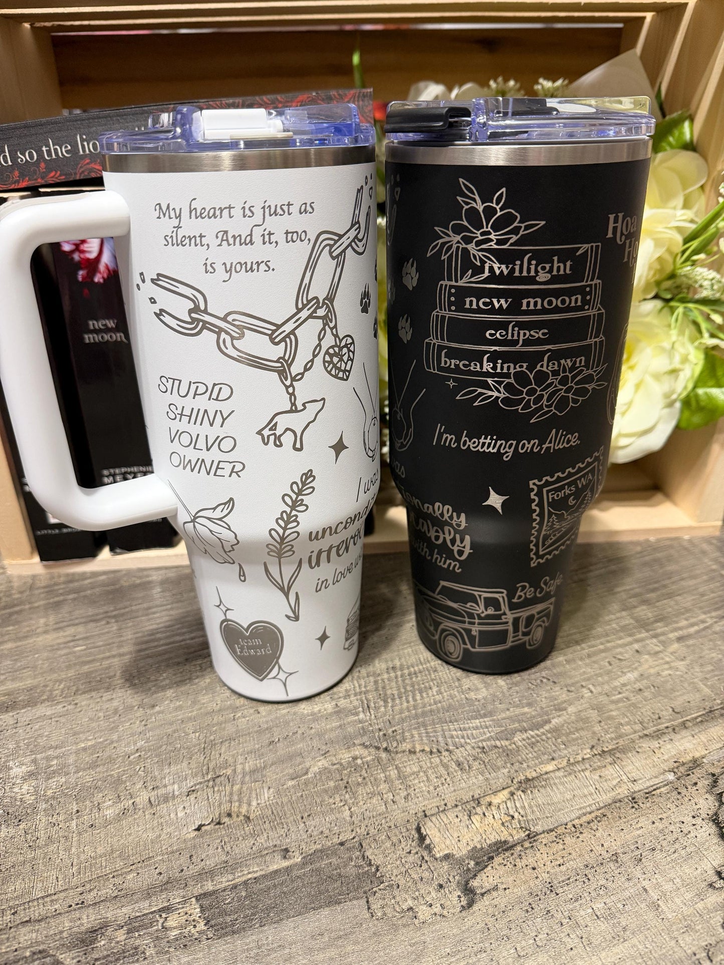 Twilight Inspired 40oz Engraved Tumbler with Handle – Bookish Gift – “And So the Lion Fell in Love with the Lamb”