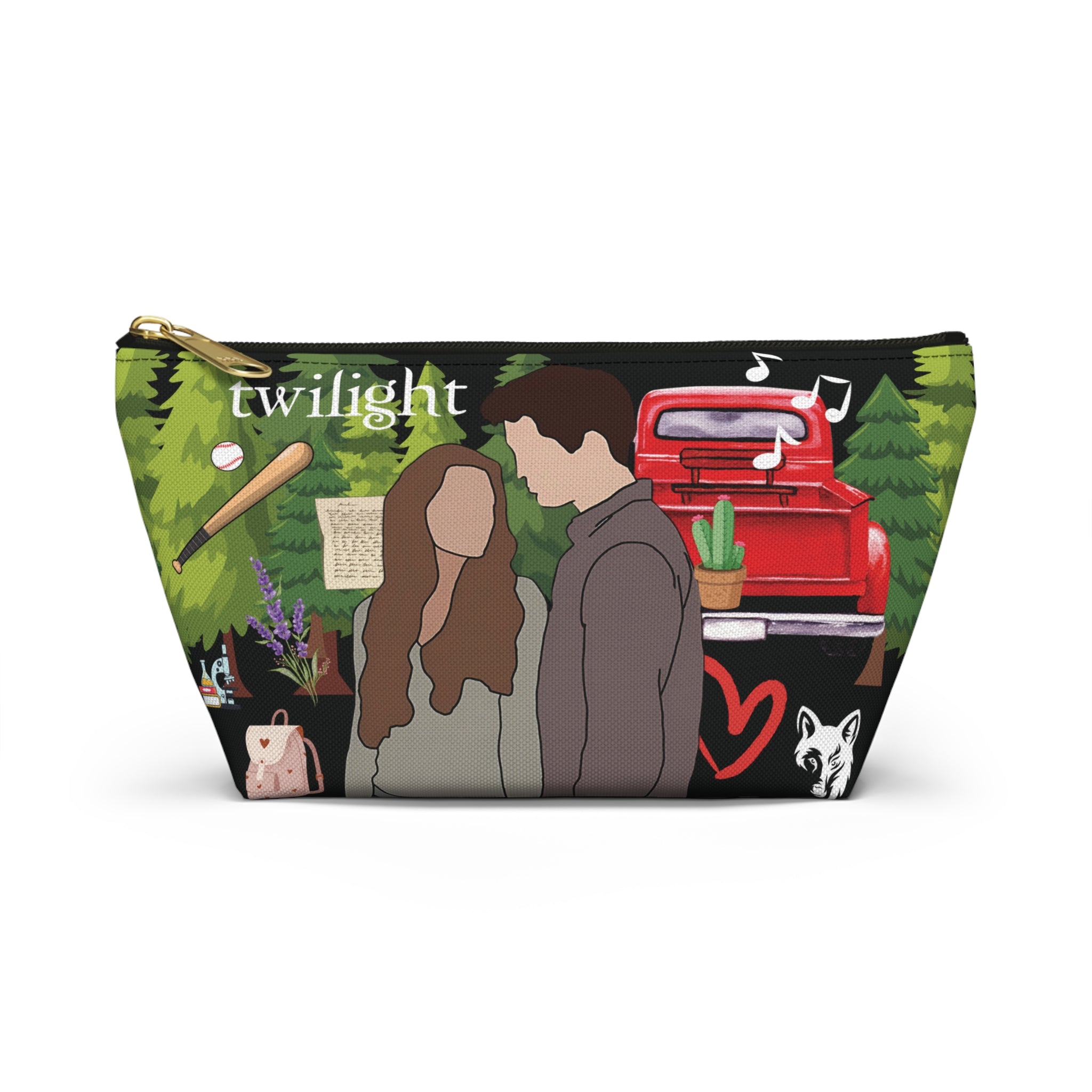 Twilight Inspired Cosmetic Bag | Forest Romance Design with Red Truck & Bookish Icons | YA Zipper Pouch