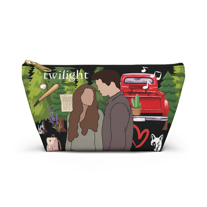Twilight Inspired Cosmetic Bag | Forest Romance Design with Red Truck & Bookish Icons | YA Zipper Pouch