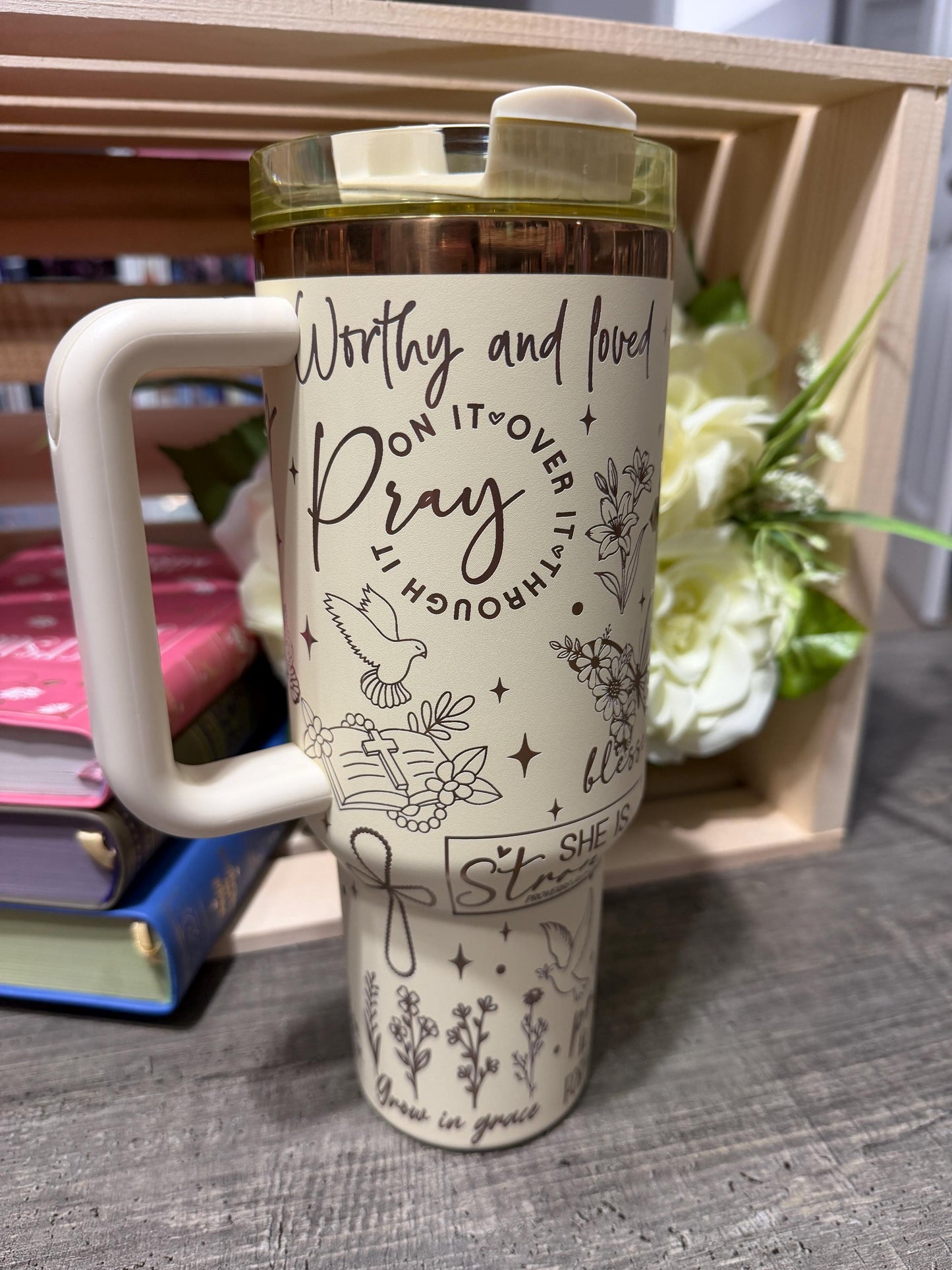 Christian 40oz Engraved Tumbler with Handle | Faith Scripture Cup | Pray Over It Stanley Style Mug | Proverbs 31:25 Gift for Women