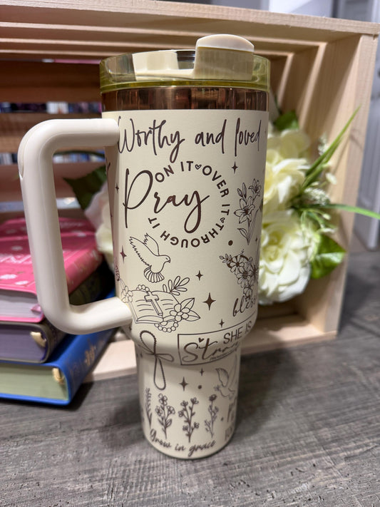 Christian 40oz Engraved Tumbler with Handle | Faith Scripture Cup | Pray Over It Stanley Style Mug | Proverbs 31:25 Gift for Women