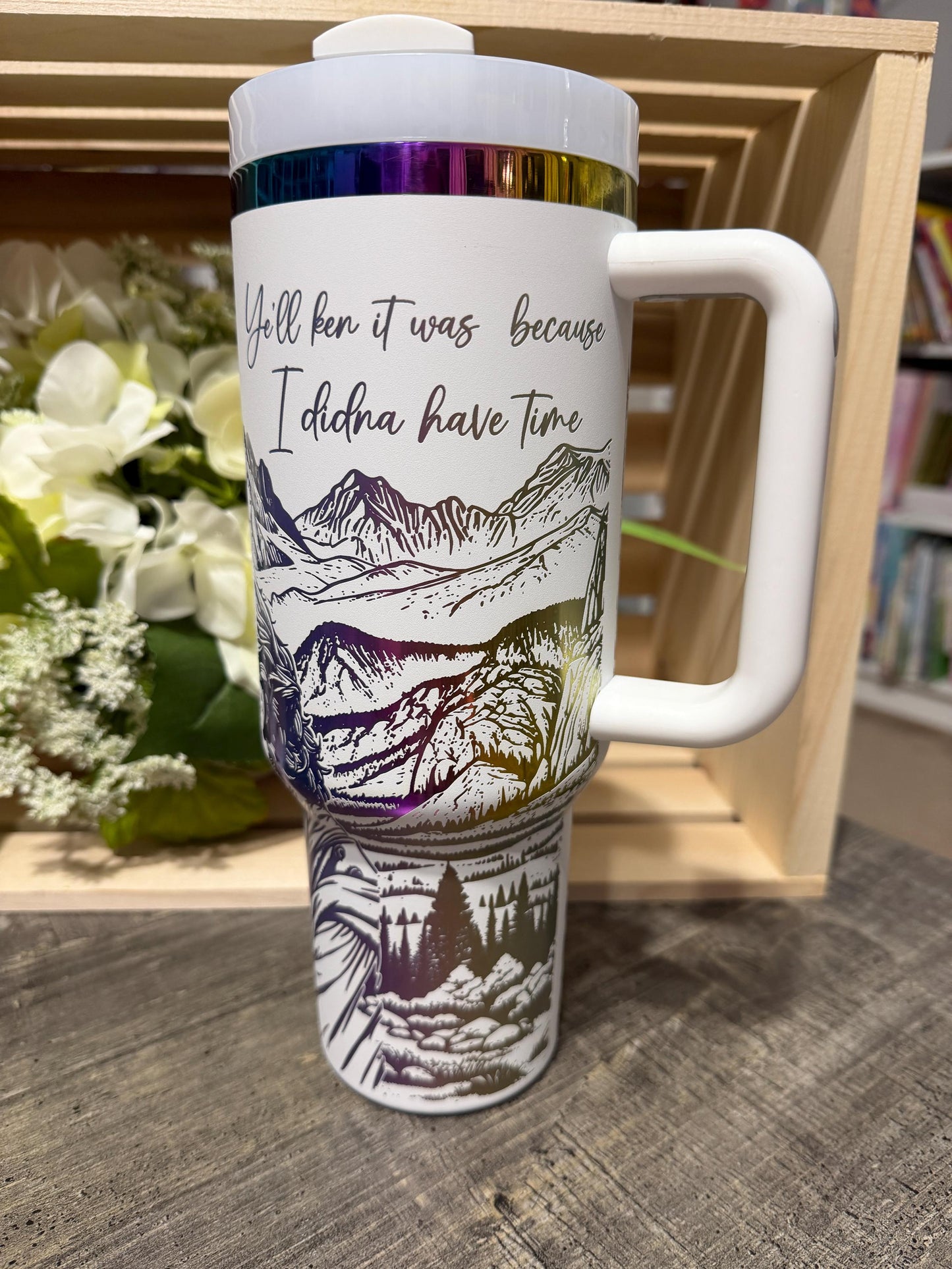 Stanley Style Outlander Inspired 40oz Engraved Tumbler | White Rainbow Stainless Steel Cup | Romance Book Gift | Laser Engraved Mug