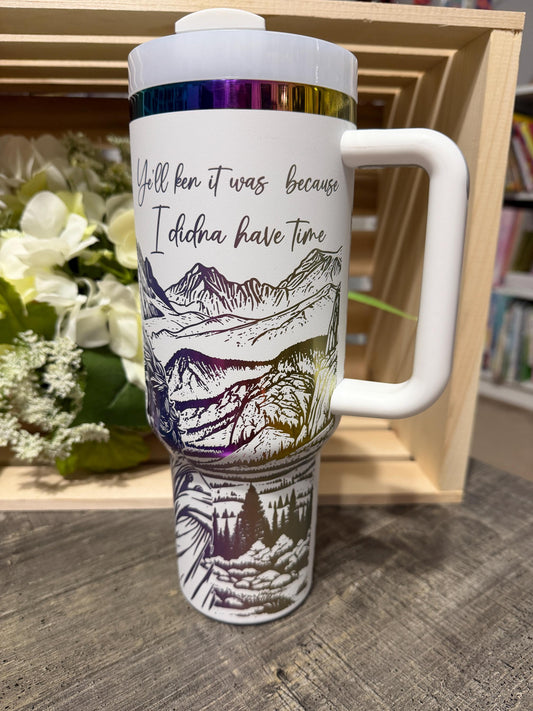 Stanley Style Outlander Inspired 40oz Engraved Tumbler | White Rainbow Stainless Steel Cup | Romance Book Gift | Laser Engraved Mug