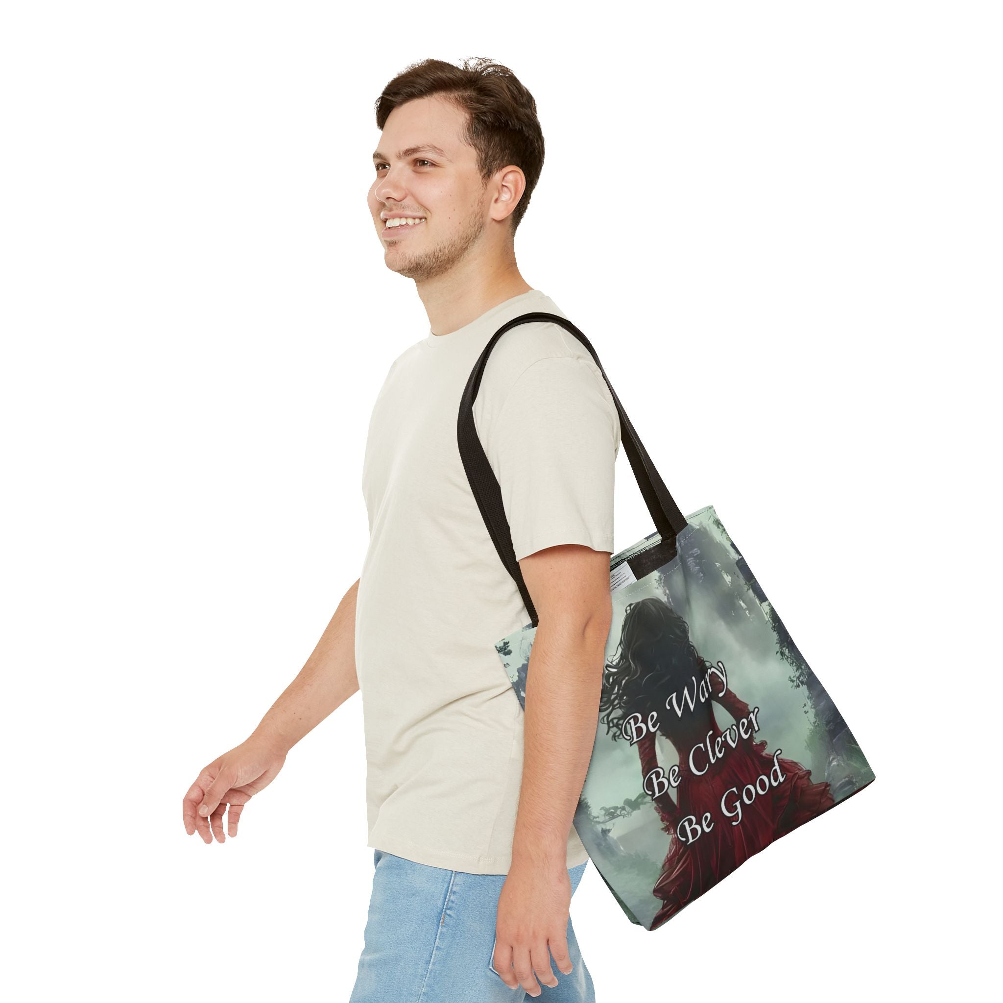 Be Wary Be Clever Be Good Tote bag | Gothic woman red cloak illustration