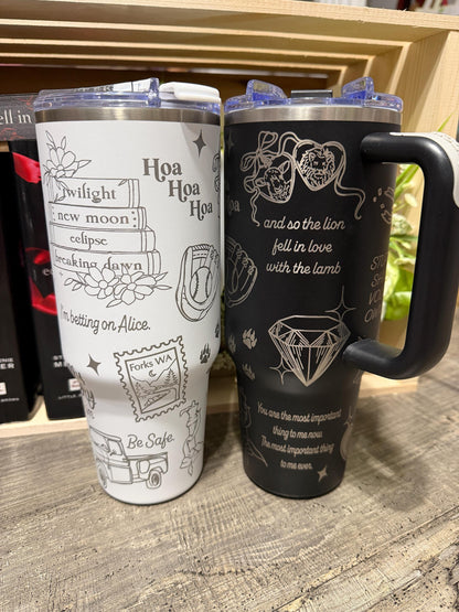 Twilight Inspired 40oz Engraved Tumbler with Handle – Bookish Gift – “And So the Lion Fell in Love with the Lamb”