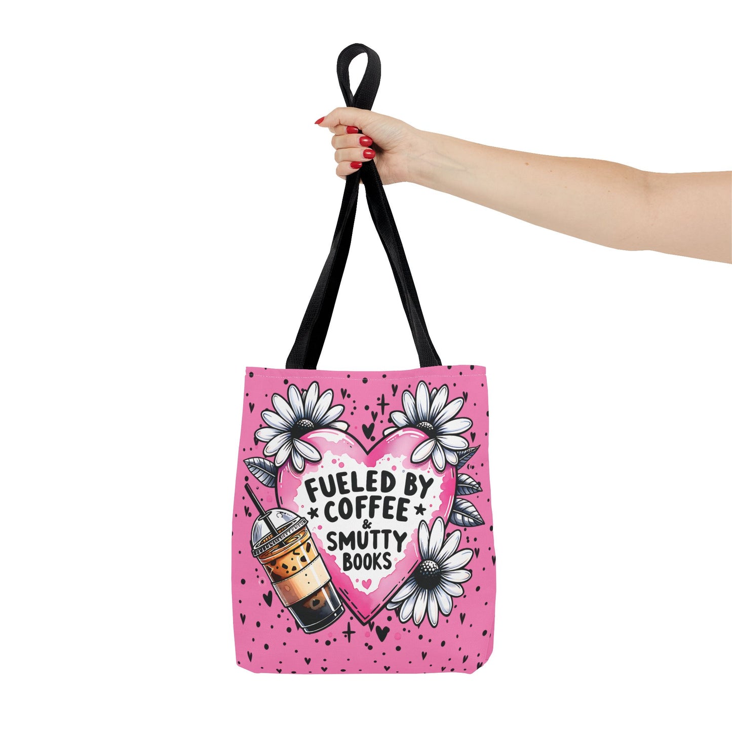 Fueled by Coffee & Smutty Books Tote Bag | Pink Bookish Tote with Daisies + Iced Coffee