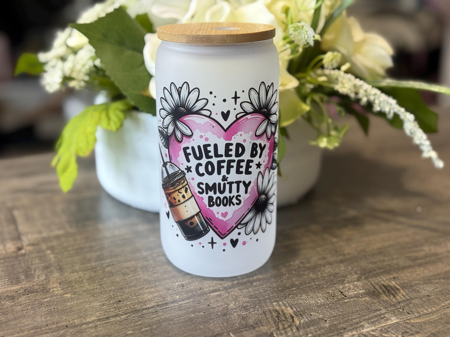 Fueled by Coffee & Smutty Books | 16oz Frosted Glass Tumbler with Bamboo Lid and Straw | Book Lover Gift