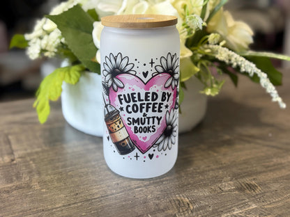 Fueled by Coffee & Smutty Books | 16oz Frosted Glass Tumbler with Bamboo Lid and Straw | Book Lover Gift