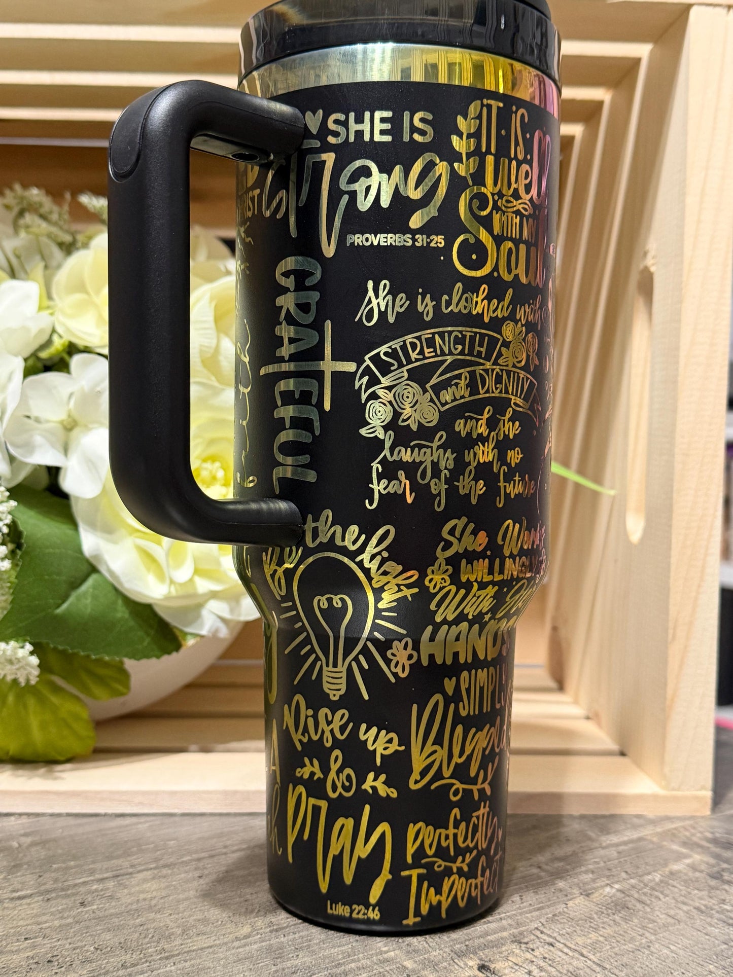 Stanley Style Christian Rainbow Engraved 40oz Tumbler | Faith Scripture Stainless Steel Cup | Proverbs 31 Gift | Inspirational Mug