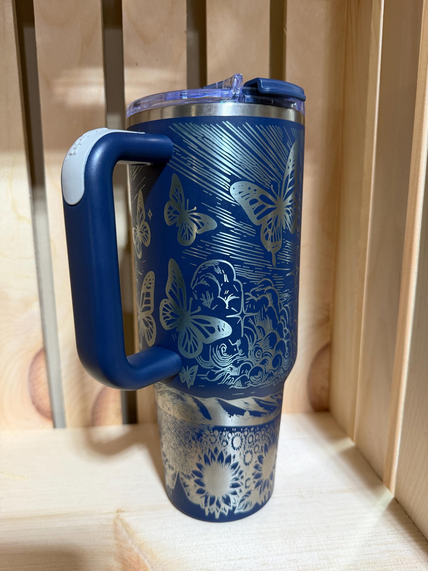 Pink Butterfly Cross 40oz Tumbler with Handle | Faith Inspired Engraved Stanley Style Cup | Christian Gift for Women | Floral Jesus Cup