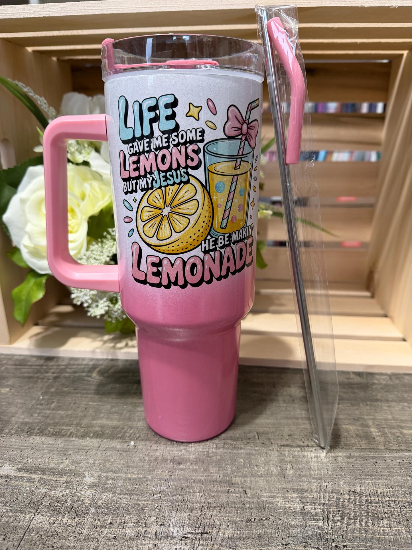 Pink Ombre Lemonade 40oz Tumbler | Faith-Inspired Quote Cup | Stanley Style Insulated Travel Mug
