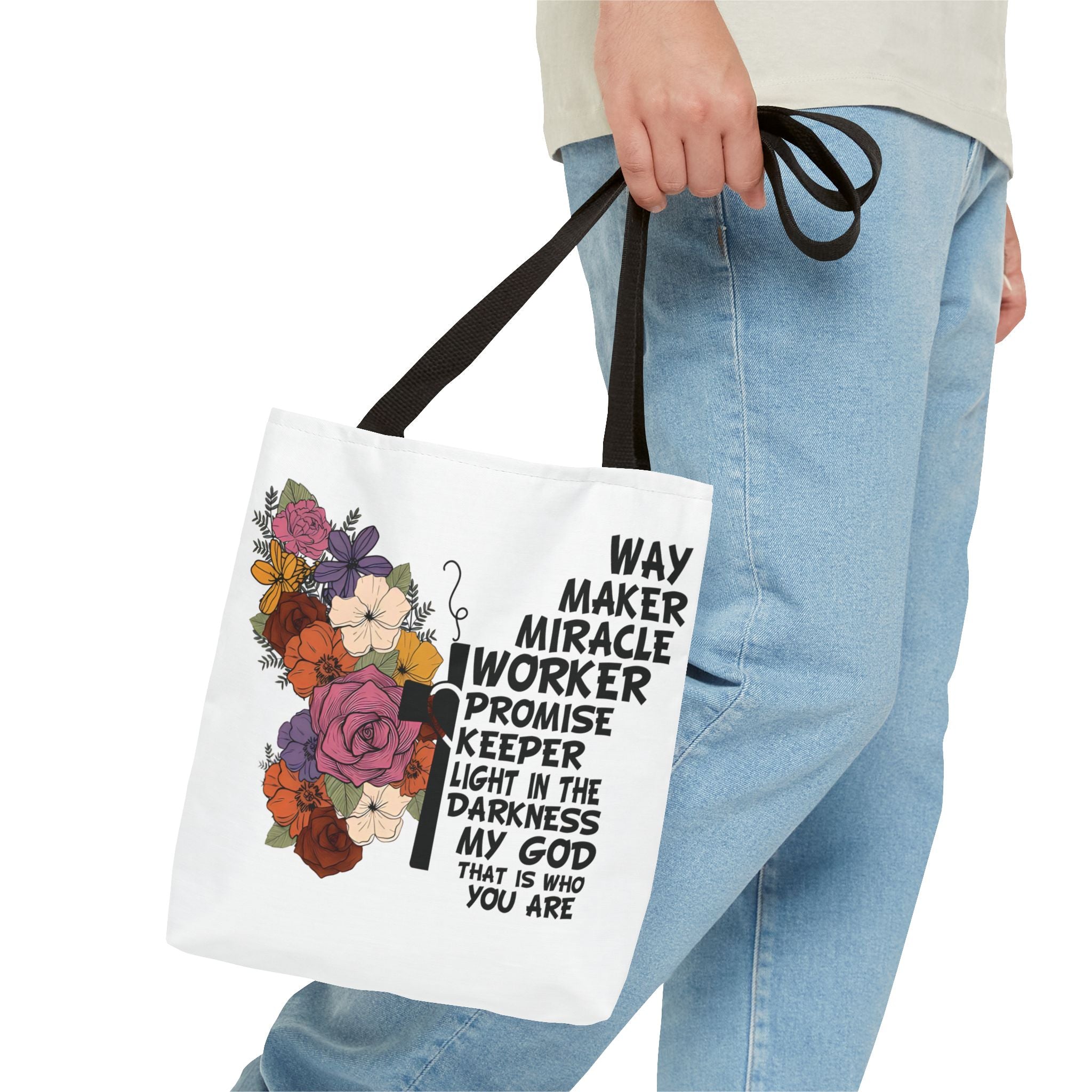Way Maker Miracle Worker Christian Tote Bag | Floral Cross Bible Verse Tote