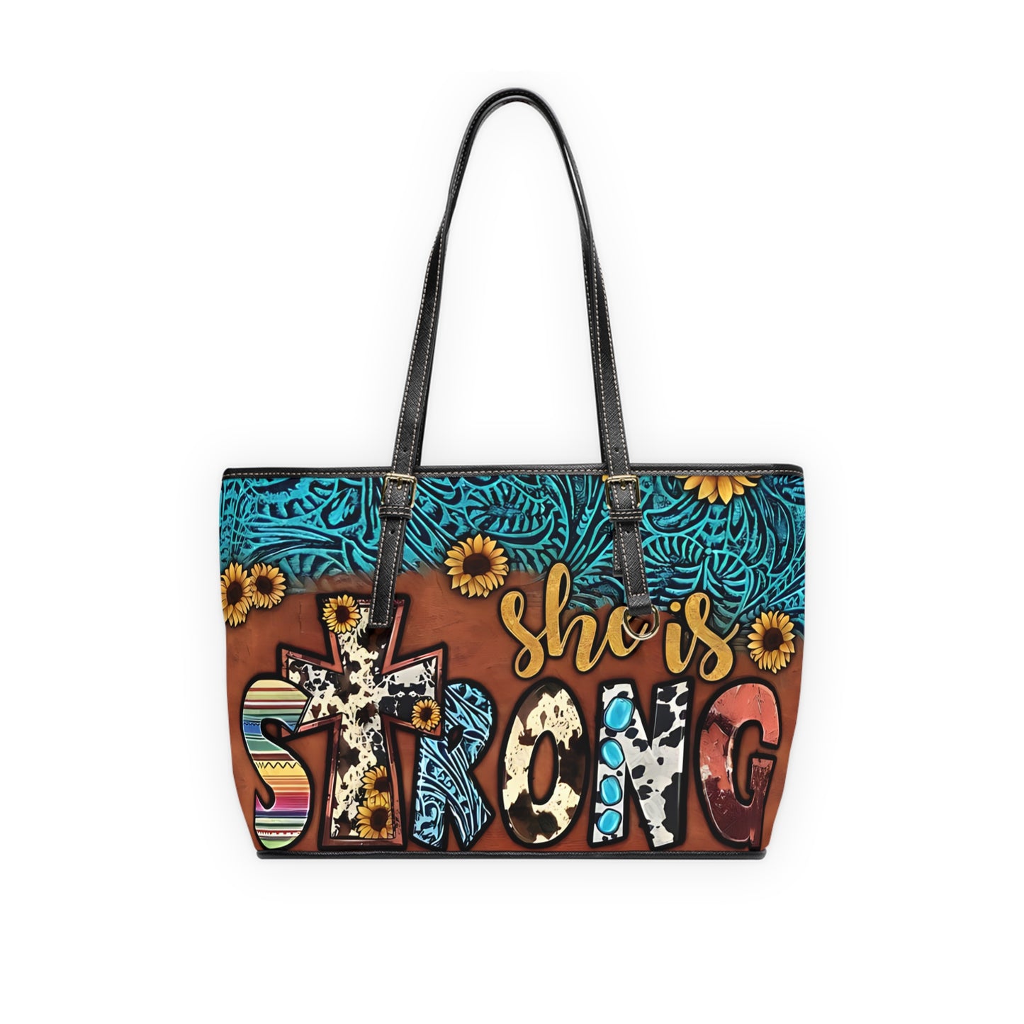 She is Strong | Western PU Leather Shoulder Bag | Cowprint Sunflowers and Faith Inspired Style