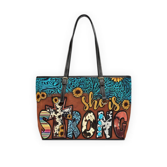 She is Strong | Western PU Leather Shoulder Bag | Cowprint Sunflowers and Faith Inspired Style