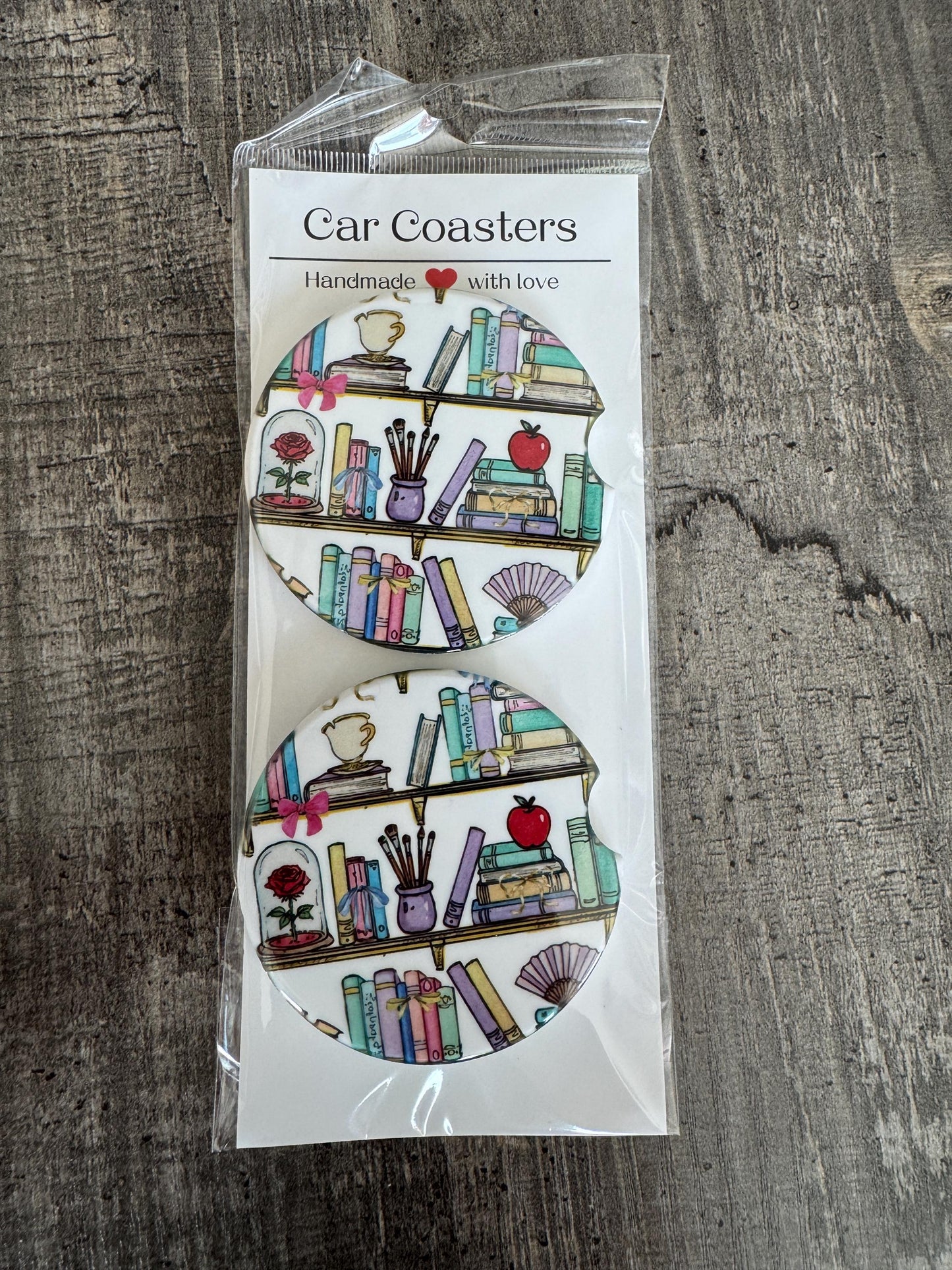 Bookish Bookshelf Car Coasters – Colorful Library-Inspired Design