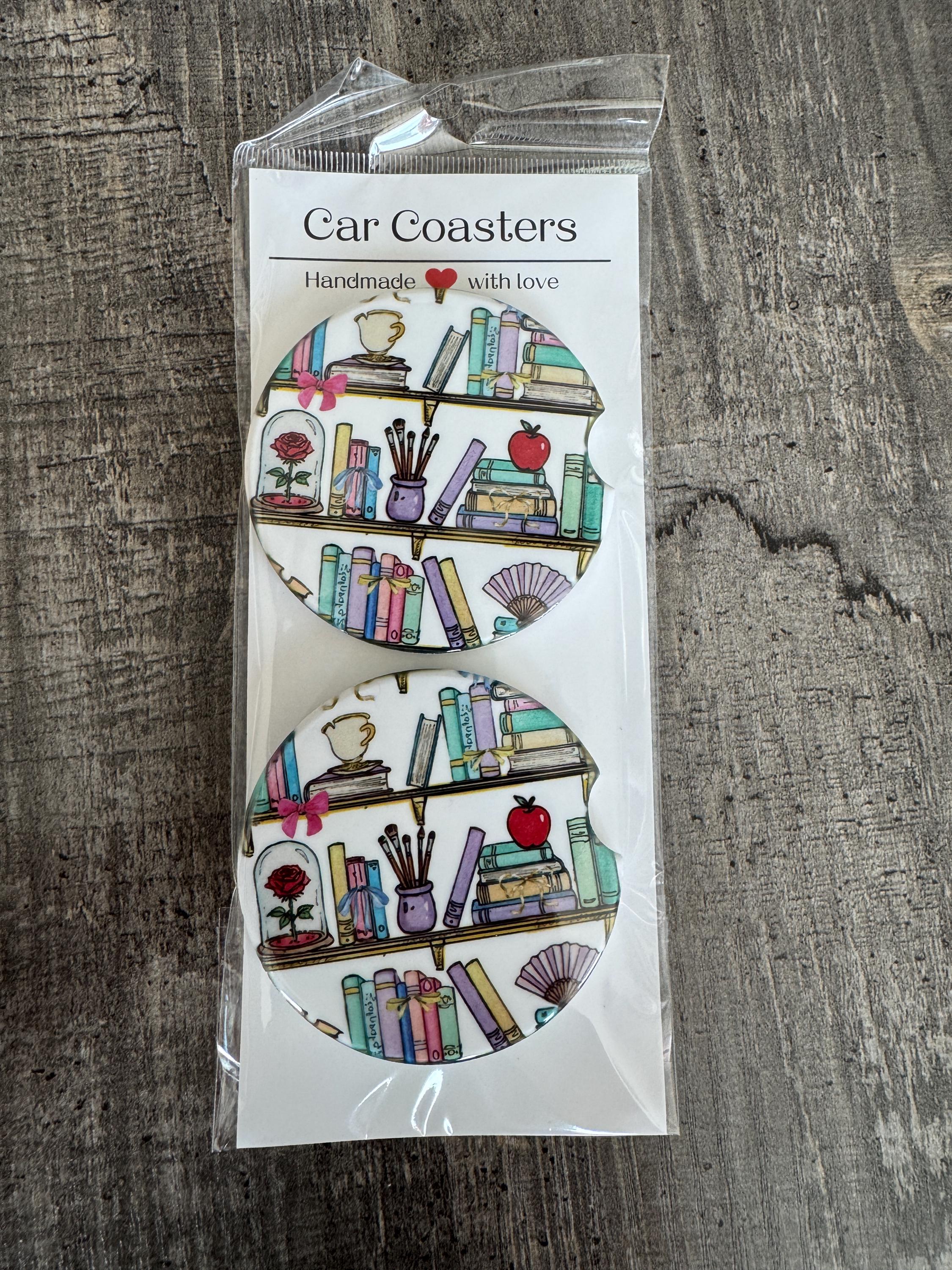 Bookish Bookshelf Car Coasters – Colorful Library-Inspired Design