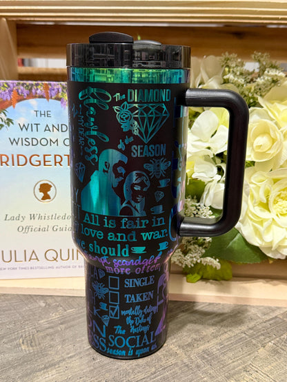 Bridgerton Inspired 40oz Engraved Tumbler | Rainbow Engraved Stanley Inspired Cup | Regency Romance Gift | Tea Lover Stainless Steel Mug