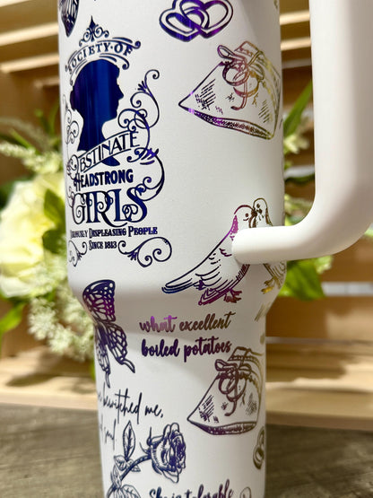 Pride and Prejudice Stanley Style 40oz Engraved Tumbler | White Rainbow Bookish Cup | Jane Austen Inspired Gift | Romance Reader Mug
