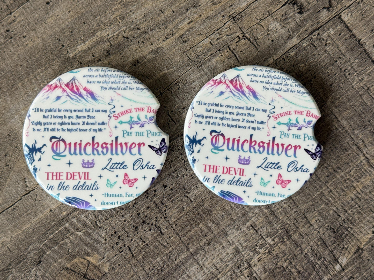 Quicksilver Inspired Car Coasters – Romantasy Quote & Symbol Set