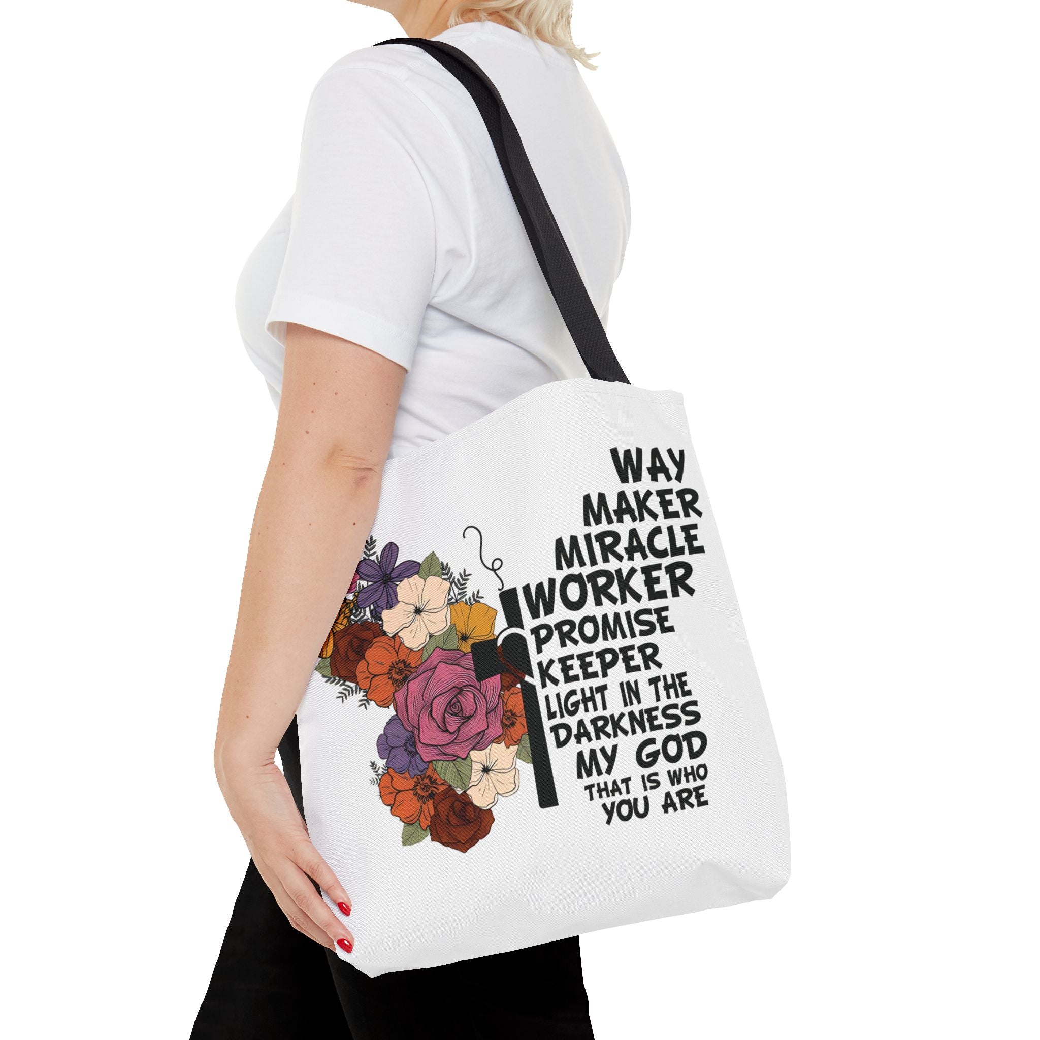 Way Maker Miracle Worker Christian Tote Bag | Floral Cross Bible Verse Tote