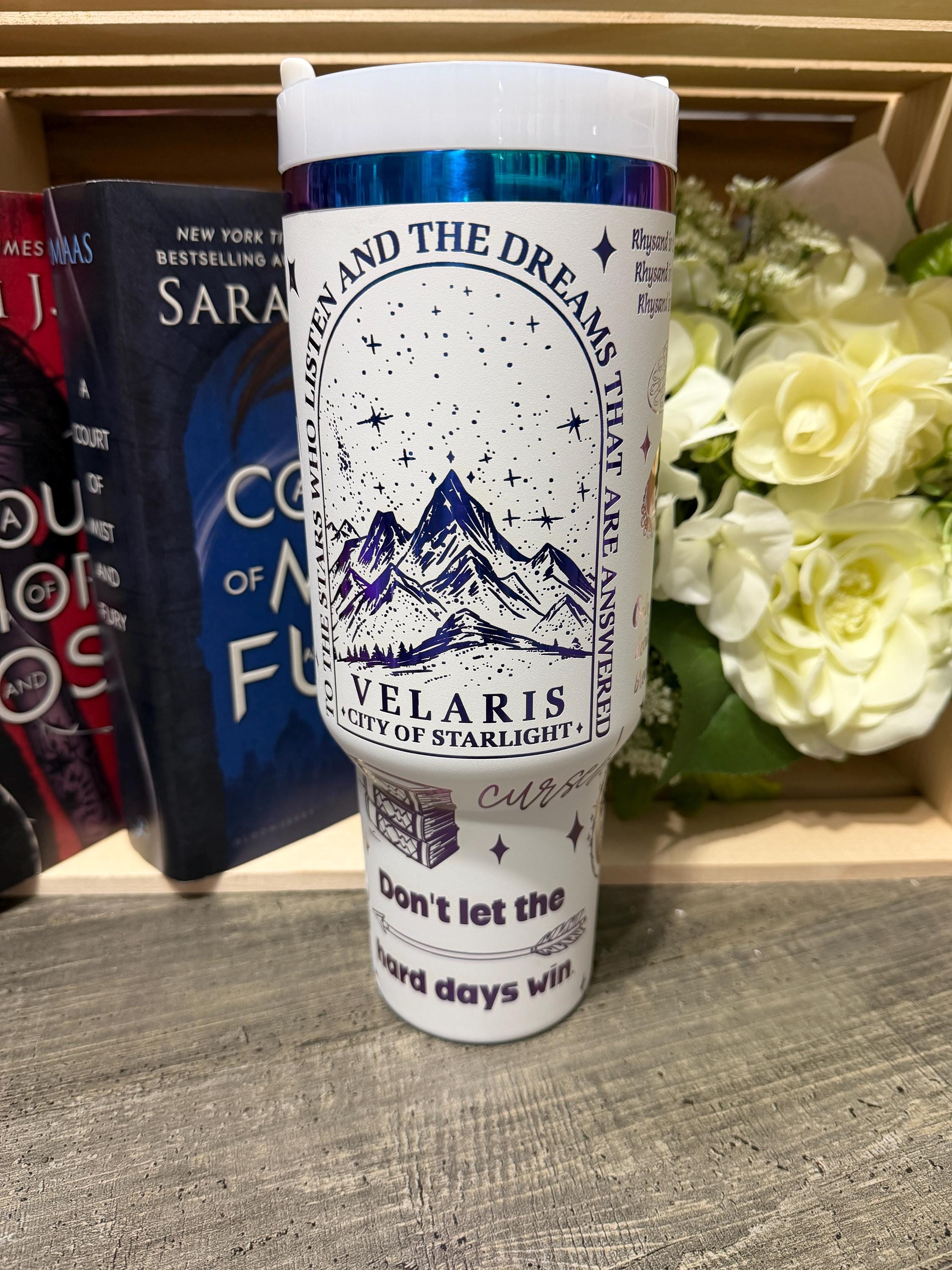 Velaris 40oz Stanley Style Tumbler – ACOTAR Inspired Cup – Night Court Rhysand & Feyre Quotes – White Rainbow Bookish Tumbler with Handle