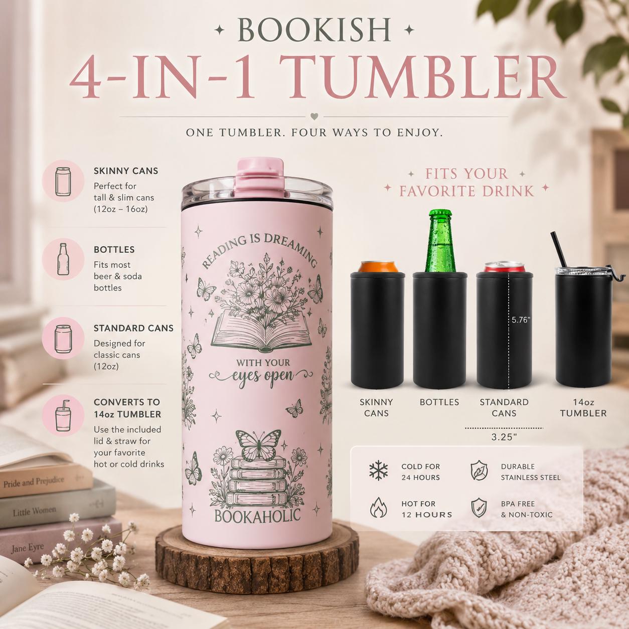 Bookish 4-in-1 Can Cooler Tumbler | Pink Reader Drinkware, Book Lover Gift