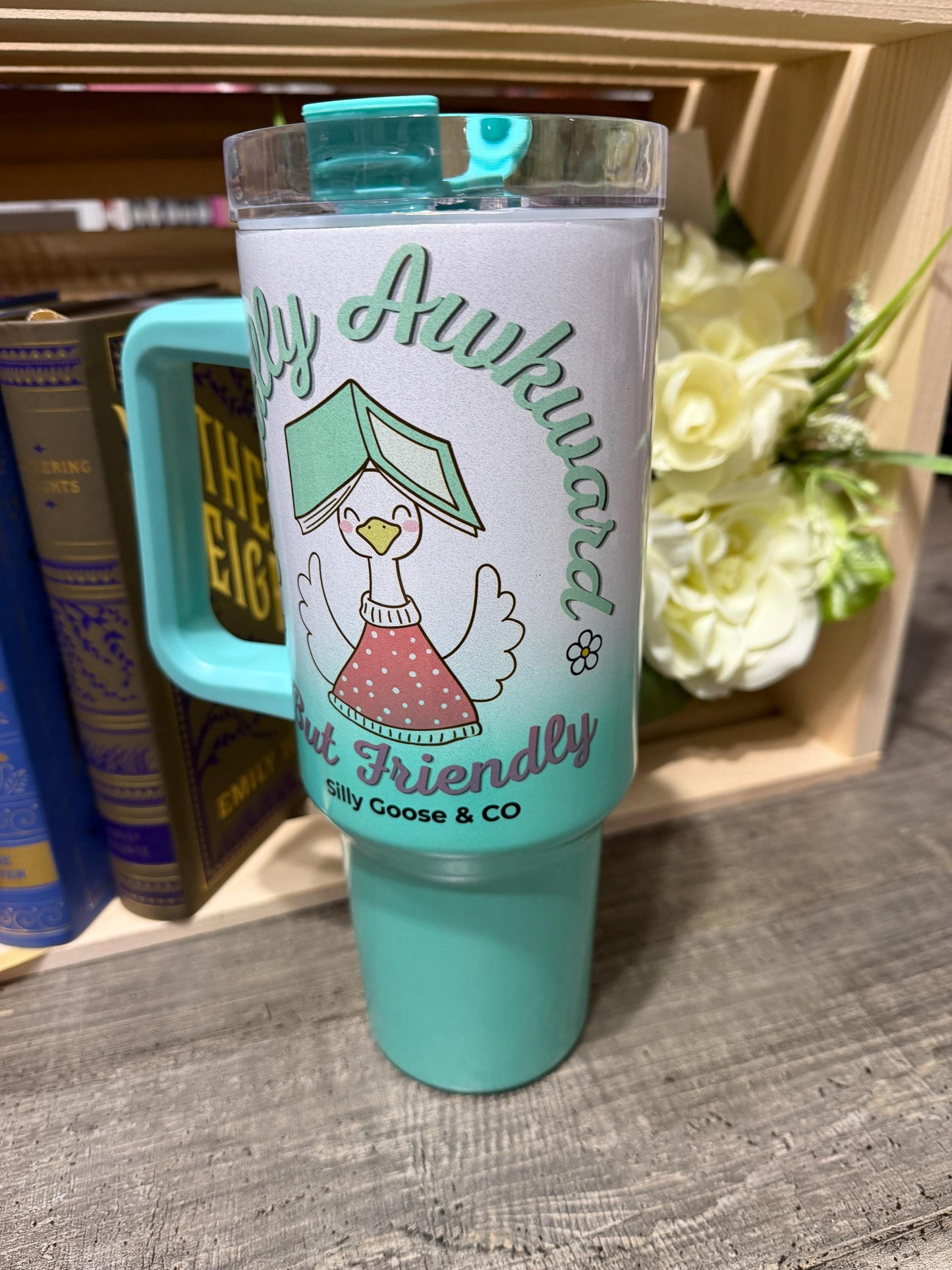 Socially Awkward But Friendly Tumbler – 40oz Stanley Style Bookish Goose Cup – Green Ombre Reader Gift – Silly Goose & Co