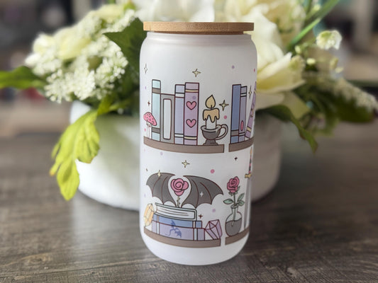 Magical Bookshelf Frosted Glass Tumbler with Bamboo Lid and Straw | 16oz Book Lover Gift | Fantasy Aesthetic Drinkware
