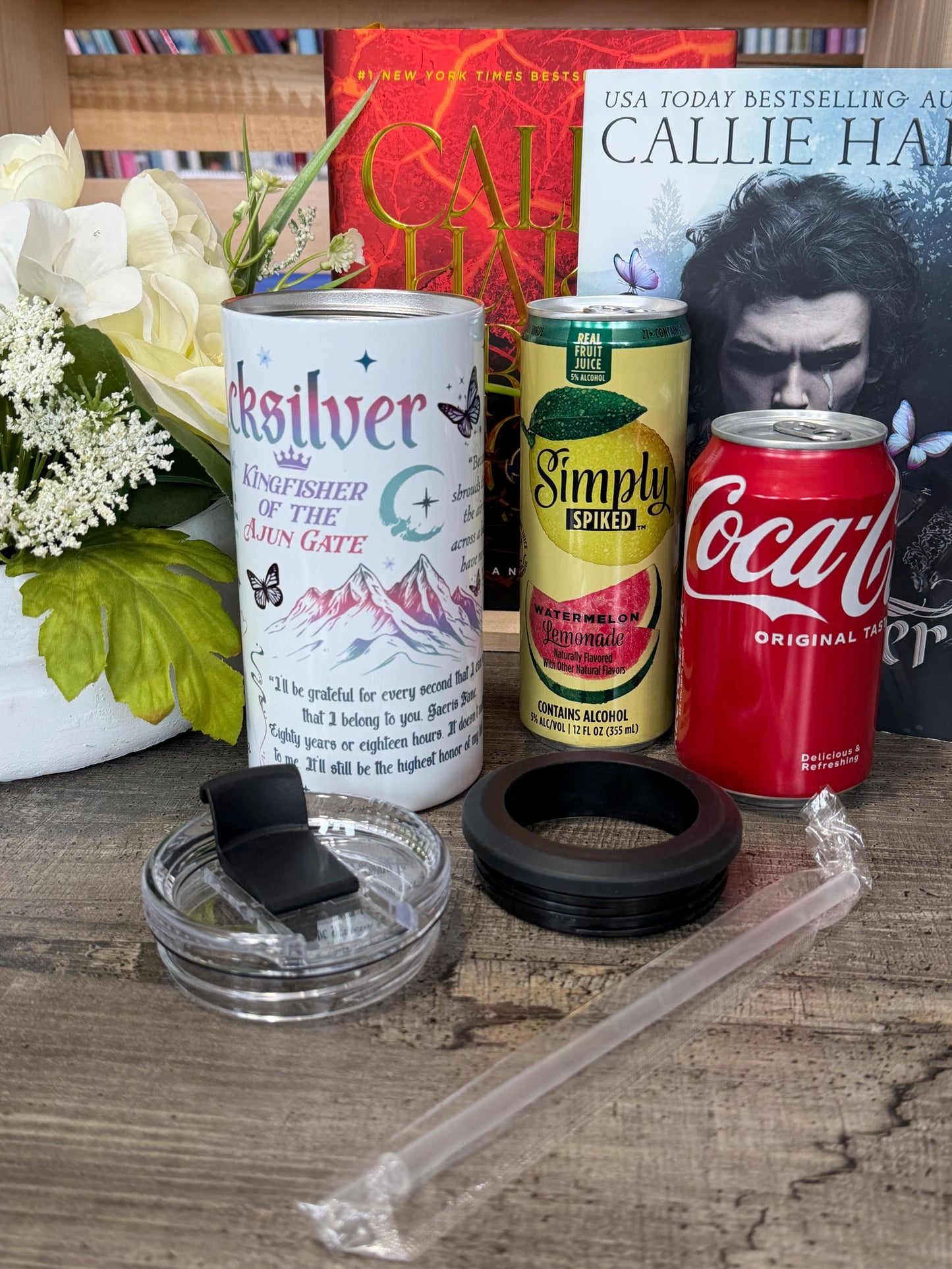 Quicksilver Inspired 4 in 1 Can Cooler | Saeris Fane & Kingfisher Tumbler | Fantasy Romance Bookish Cup | Reader Gift | Insulated Drinkware