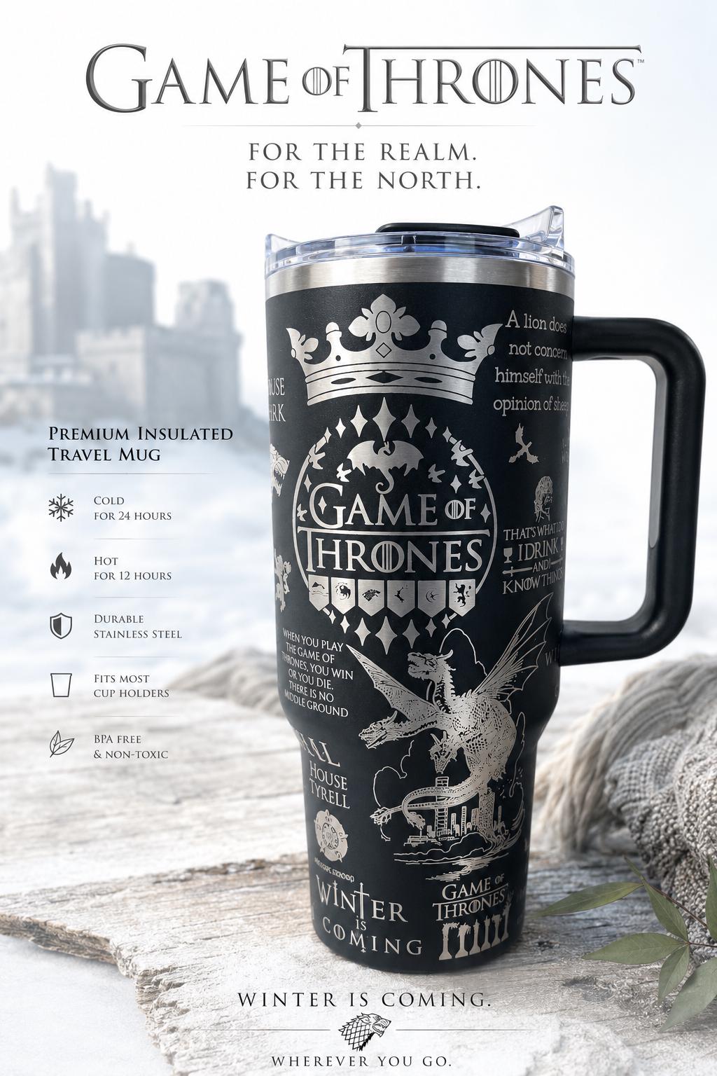 Game of Thrones 40oz Engraved Tumbler | GOT Stanley Style Cup | House Stark Dragon Travel Mug | Fantasy Bookish Gift | Winter Is Coming