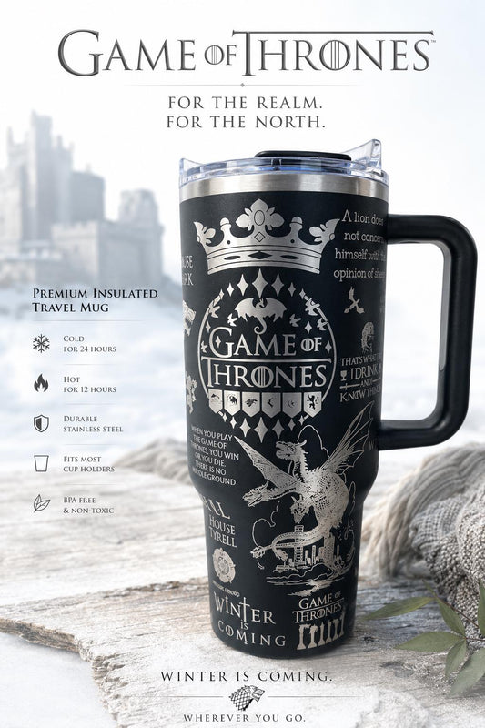 Game of Thrones 40oz Engraved Tumbler | GOT Stanley Style Cup | House Stark Dragon Travel Mug | Fantasy Bookish Gift | Winter Is Coming