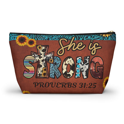 She is Strong Proverbs 31:25 Cosmetic Bag | Western Faith Inspired Sunflower Pouch