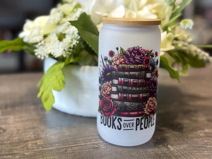 Books Over People Frosted Glass Tumbler with Bamboo Lid and Straw | 16oz Book Lover Gift | Floral Reading Aesthetic Cup
