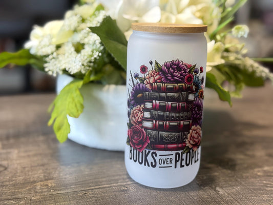 Books Over People Frosted Glass Tumbler with Bamboo Lid and Straw | 16oz Book Lover Gift | Floral Reading Aesthetic Cup