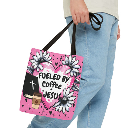 Fueled by Coffee & Jesus Christian Tote Bag | Pink Floral Faith Market Bag