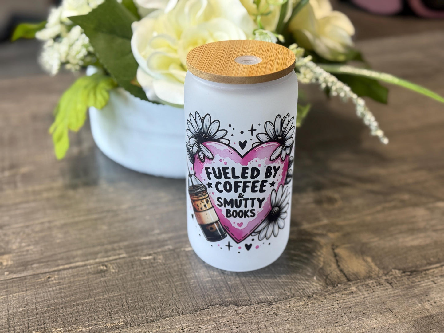 Fueled by Coffee & Smutty Books | 16oz Frosted Glass Tumbler with Bamboo Lid and Straw | Book Lover Gift