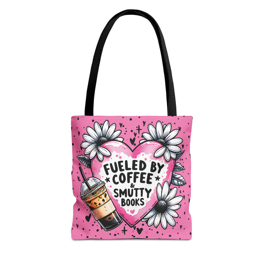 Fueled by Coffee & Smutty Books Tote Bag | Pink Bookish Tote with Daisies + Iced Coffee