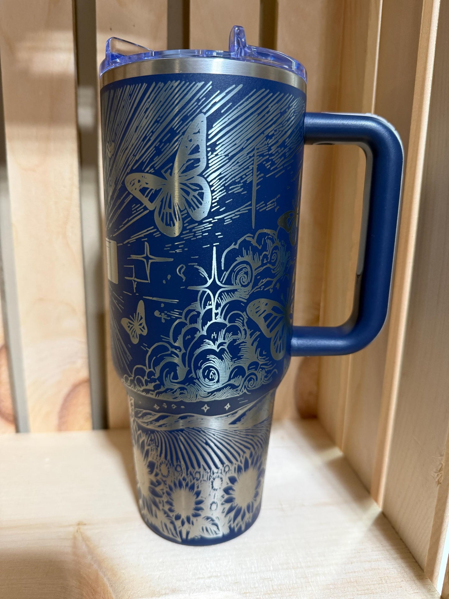 Pink Butterfly Cross 40oz Tumbler with Handle | Faith Inspired Engraved Stanley Style Cup | Christian Gift for Women | Floral Jesus Cup
